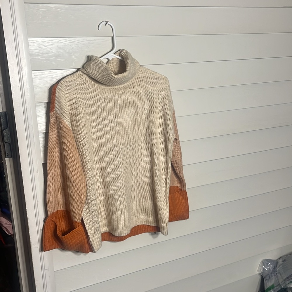 Simplee Apparel Cream and Orange Cowl Neck Sweater - Picture 6 of 7